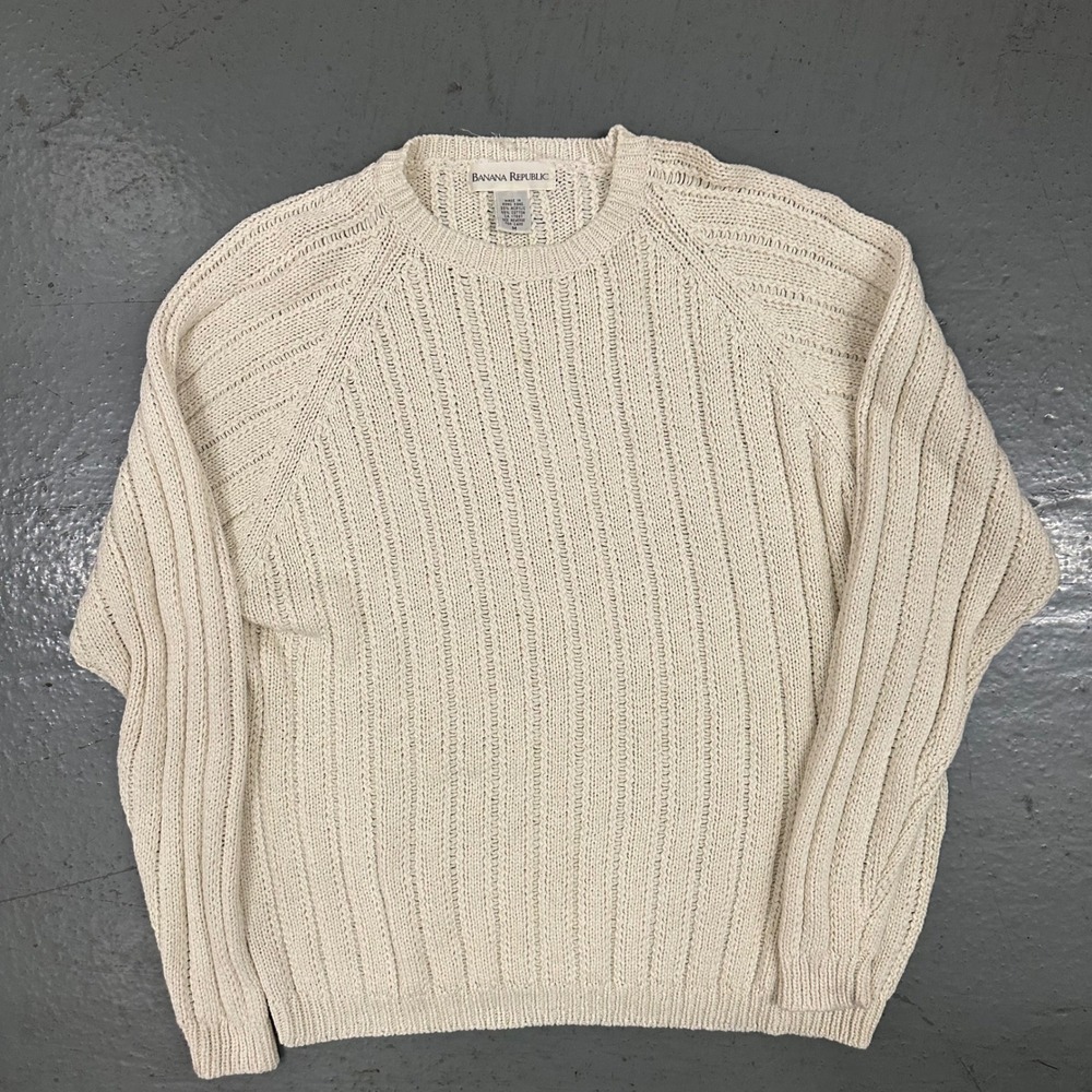 Banana Republic Mens Sweater Medium Cream Preowned Ribbed Knit Cotton Blend